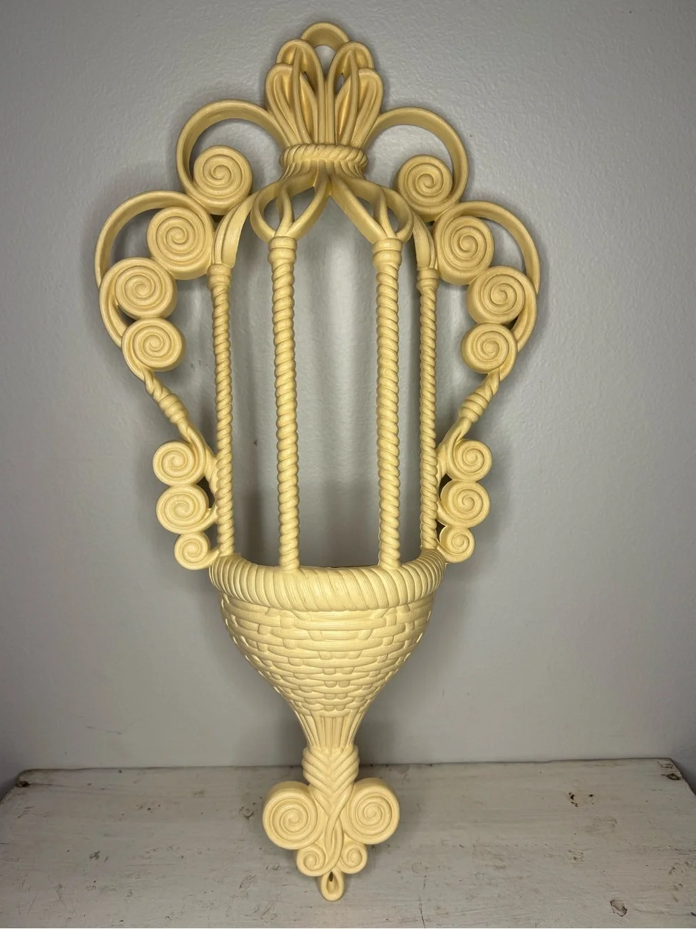 VTG 1972 Burwood #1628 Faux Wicker Rattan White Wall Pocket Sconce Planter